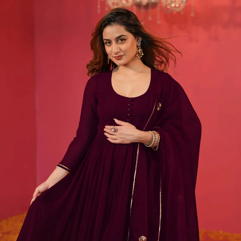 GoSriKi Wine GoSriKi Women's Rayon Blend Anarkali Solid Kurta with Pant & Dupatta (JAYNTI Wine-GS_3XL_Wine_XXX-Large) for Women | Best Price UAE